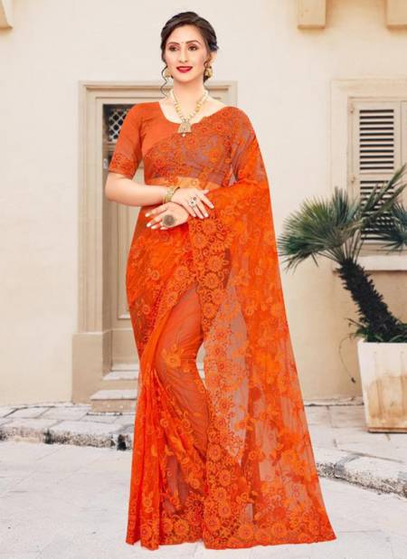 Orange Colour NARI ULTIMATE Fancy Party Wear Net Resham Embroidery And Moti Stone Work Saree Collection 896